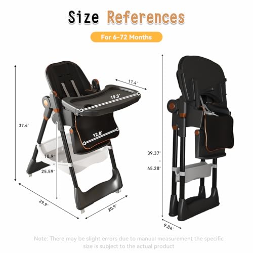 Image of Baby High Chair for Babies and Toddlers, Foldable Feeding Chair with Wheels, Adjustable Seat Height, Backrest, Footrest, Removable Tray, PU Cushion, 5-Point Harness, Black