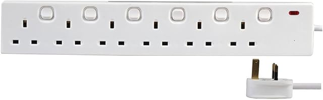 PRO ELEC - Individually Switched Extension Lead, 6 Socket, 5 Metres, Neon On Light (White)
