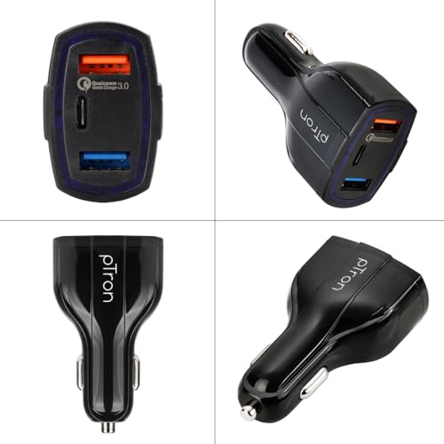 Image of pTron Bullet Pro 36W Type-C /PD 3 Port Fast Car Charger Adapter, Compatible with All Smartphones, Tablets & Other USB Powered Devices (Pearl Black)