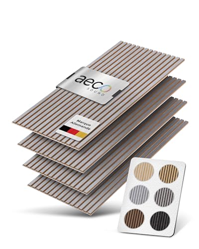 Aeco Sound® - Panneaux Acoustiques En Bois, 4 Pièces De 120x60 cm (= 2,88m²) - Feutre Acoustique (Gris) & Placage En Bois Véritable (Poirier) - Revêtement Mural 3D, Isolation Phonique