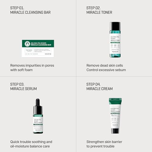 SOME BY MI AHA BHA PHA 30Days Starter Kit - Toner 1.01Oz, Serum 0.33Oz, Cream 0.7Oz, Cleansing Bar 1.05Oz - Mild Exfoliating Daily Skin Care Set - Skin Wastes, Sebum, Oiliness Care - Korean Skin Care