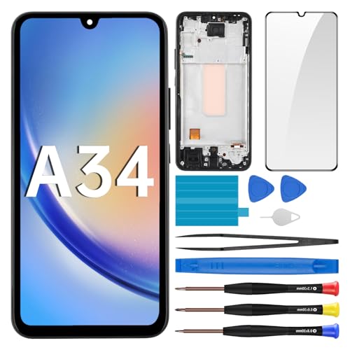 BESJMYT for Samsung Galaxy A34 AMOLED Screen Replacement with Frame OLED Display Touch Digitizer Full Assembly Fix Glass with Repair Tools Kit A346E A346B A346M