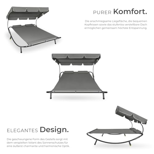 tectake Sonnenliege, Doppelliege, Outdoor Liege für 2 Personen, Gartenliege mit Sonnendach, Relaxliege, Sonnenliege mit Dach, inkl. 2 Kissen, ideal für Garten oder Balkon - schwarz/grau