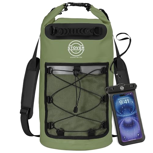 STOVER 5/10/25/30/40/55L Waterproof Dry Backpack & Phone Case- Medium Floating Dry Bag for Kayaking, Travel, Hiking, Fishing, Camping, Motorcycles & Beach, Heavy-Duty Roll Top Men/Women (Green)
