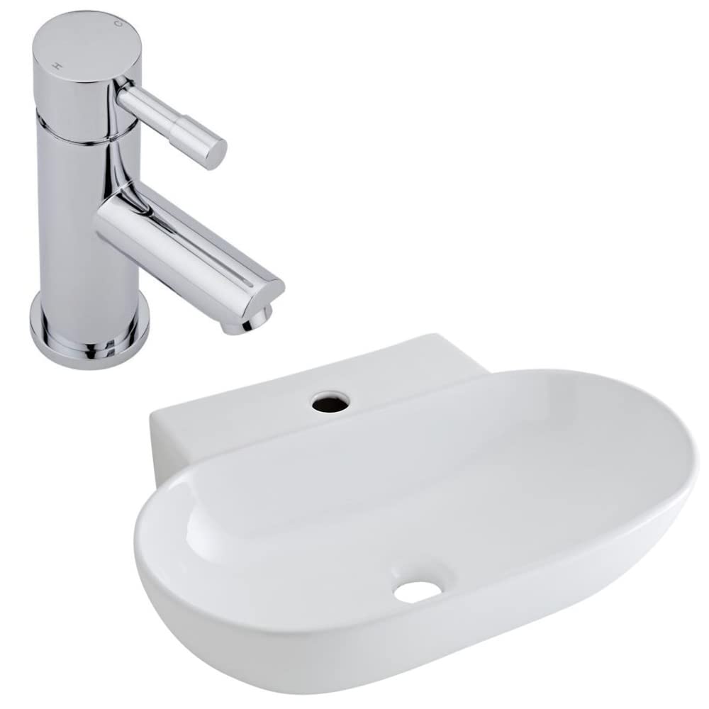 Milano White Overton Oval Countertop Bathroom Basin Sink Mono Mixer Tap - 555Mm X 395Mm