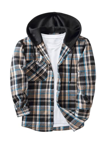Image of Verdusa Men's Plaid Shirt Long Sleeve Button Down Flannel Shirt Casual Hoodie Jacket with Hooded Black Medium
