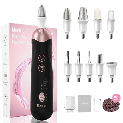 Lijadora de uñas eléctrica – Kit manicura pedicura Lima de uñas eléctrica con 5 velocidades y luz LED Lijadora de uñas eléctrica, para el cuidado de las uñas de las manos y los pies (negro)