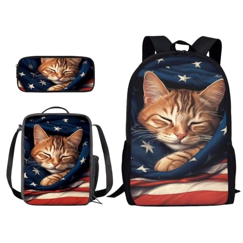Set di 3 zaini per la scuola con stampa novità con borsa per il pranzo e astuccio per matite per studenti bambini ragazzi Simpatico gatto bandiera Taglia unica