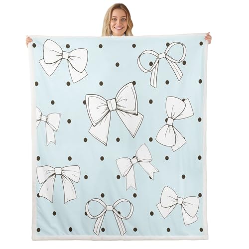 feelingyou Alfombra geométrica con lazos, manta de felpa de estilo femenino azul y blanco para decoración rústica del hogar, bonita alfombra de forro polar con estampado de lunares, alfombra de cama