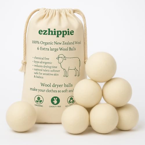 Ezhippie Quality Wool Dryer Balls - 6 XL Pack - 1000+ Loads - Pure Organic Wool - Reusable Natural Fabric Softener Perfect with Essential Oils, Reduce Clothing Static and Wrinkles