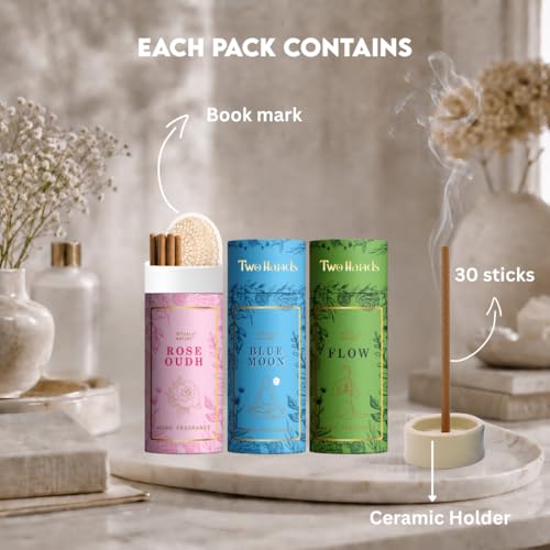 Image of Twohands Premium Bambooless Dhoop Sticks Combo Pack of 3 - Rose Oudh, Blue Moon & Flow |30 Sticks Each with Ceramic Stand |Charcoal Free Dhoopam,Dhup & Incense Sticks for Pooja, Meditation