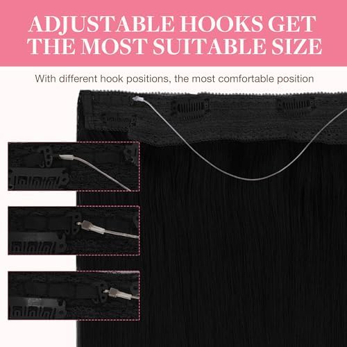 Wire Hair Extensions Human Hair, 1 Jet black Natural 16inch 125g, Invisible Wire Hair Extensions with Transparent, Seamless Fish Line Hairpiece