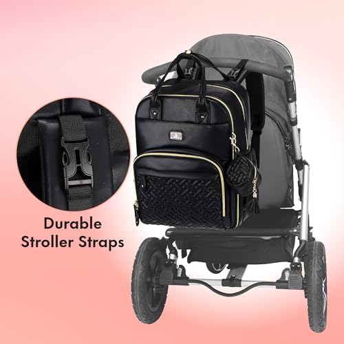 Image of Dikaslon Leather Diaper Bag Backpack with Portable Changing Pad, Pacifier Case and Stroller Straps, Large Unisex Baby Bags for Boys Girls, Multipurpose Travel Back Pack for Moms Dads, Black