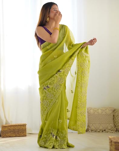 Image of SIRIL Women's Silk Blend Sequence Embroidery Saree With Unstitched Blouse Piece for Wedding and Parties