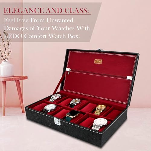 LEDO Men's and Women's Watch Box Holder Organizer Case In 12 Slots of watches In PU Leather Royal Black & Cherry color with Chain Pocket - Image 3
