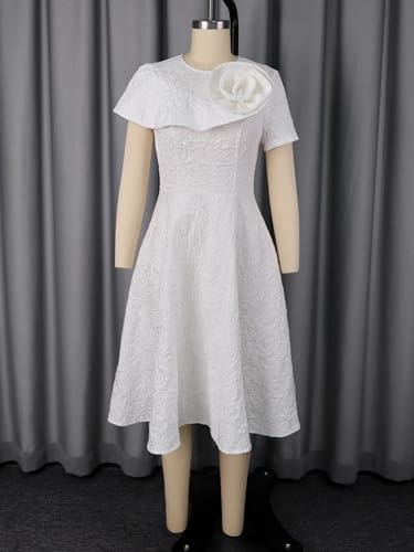 Image of AOMEI Women's Irregular Neck with Flower Short Puff Sleeve High Waist A-Line Jacquard Dress