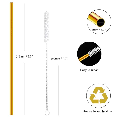 Stainless Steel Straws Metal Reusable Drinking Straw for Juice Iced Coffee Cold Beverage Water Highball Glasses 20oz Tumblers Mugs Cups, 0.24" 6mm Wide 215mm Long, Set of 8 with Brush, Gold