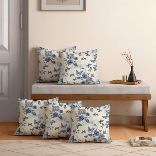Image of Jaipur Weaves Cushion Cover 16 Inch X 16 Inch - Set of 5, Butterfly Print 180 GSM Decorative Soft Cushion Covers for Sofa /Bed /Chair, Gift for Home Decor (Blue Butterfly, 5)