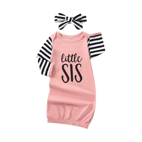 Image of ATCTBOGFS Newborn Baby Girl Little Sister Sleeper Gown Stripe Long Sleeve Nightgown Outfit 2024