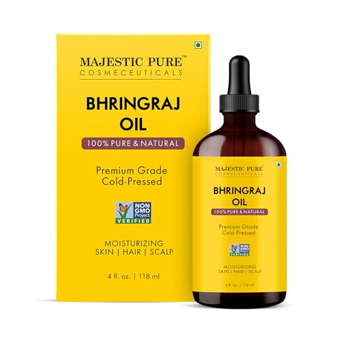 Majestic Pure Bhringraj Premium Carrier Oil 4oz (118ml) With Dropper for Hair Oiling Scalp Massage & Skin Care