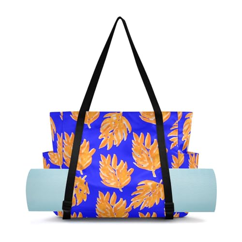 Lxqimora Leaves Watercolor Bright Blue Yoga Mat Bag for Women Water-Resistant Gym Bag with Yoga Mat Holder Tote Bag for Pilates Yoga Office Gym