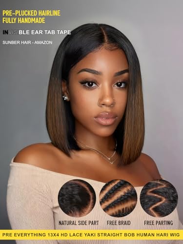 Image of Sunber Ombre Chestnut Brown Light Yaki Straight Bob Human Hair Wigs Pre Everything Pre Cut 13x4 HD Lace Front Glueless Bob Wig Put On and Go Brown Yaki Bob Wig Pre Bleached Invisible Knots 12Inch