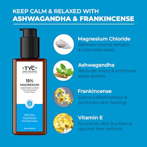 Image of TYC Trust Your Choice Magnesium Sleep Body Lotion, 15% Magnesium Chloride with Ashwagandha and Frankincense Oil, Magnesium Lotion For Sleep For, Magnesium Lotion For Muscle Recovery, Relaxation, No Added Fragrance - 250ml( Pack of 1)