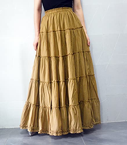YSJERA Women's Cotton 5 Tiered A Line Pleated Maxi Skirt Long Boho Gypsy Dance Skirts