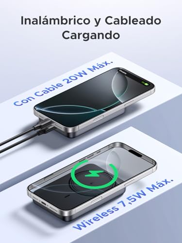 Comparación de carga del UGREEN Power Bank, mostrando las opciones de carga inalámbrica de 7.5W y carga con cable de 20W.