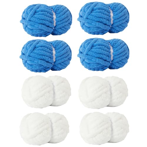 Image of Chunky Yarn for Hand Knitting Soft Jumbo Bulky Fluffy Chenille Yarn for Crocheting Blanket Scarf DIY 8 Pack (Blue+White, 28yds, 8 Ounces Each)