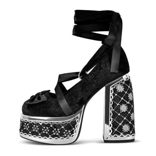 onlymakerheels High Platform Heels Chunky Heels Pearls Lace up Closed Toe Pumps for Party Black B Size10