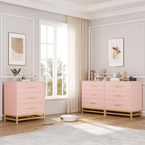GarveeHome Wooden Dresser for Bedroom, Dressers & Chest of Drawers with 3 Drawer, Wood nightstand for Storage and Organization (Pink)