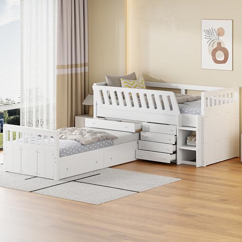MERITLINE Twin Size Low Loft Bed and Twin Platform Bed Set, Solid Wood L-Shaped Kids Beds Frame with 7 Storage Drawers and Full Guardrails, Space-Saving 2 Beds for Girls Boys,White