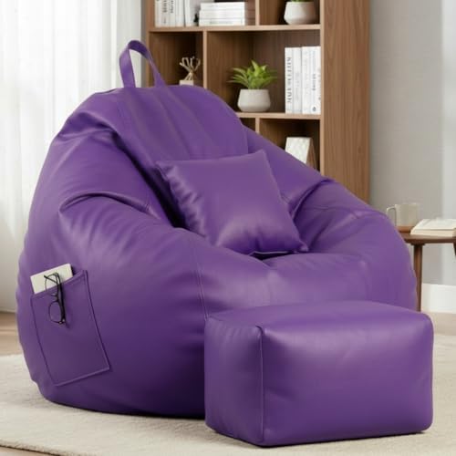 Image of KAM'S LIEU 5XL Luxury Faux Leather Bean Bag with Footrest & Cushion | Pre-Filled High-Density Polystyrene Beans | Premium Leatherette | 6 Months Warranty Color- (Purple, with Footrest)