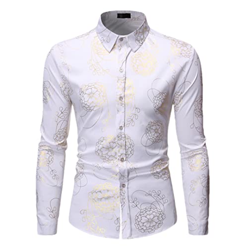 Chemise vintage homme imprimé floral doré blanc XL coupe droite Niiyyjj