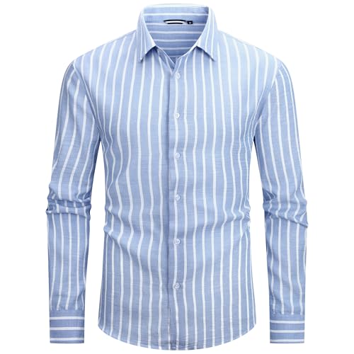 Esabel.C Men's Linen Casual Button Down Shirts Long Sleeve Striped Cotton Regular Fit Beach Wedding Shirts3