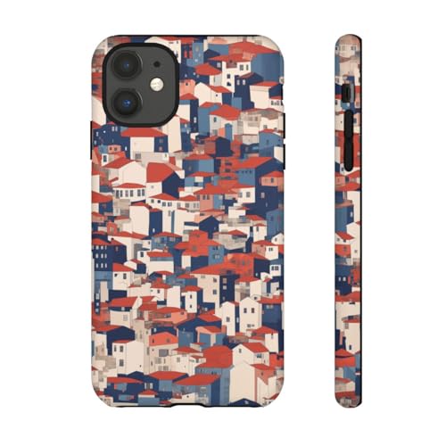 Coque rigide mate iPhone 11 motif maisons urbaines toits rouges design