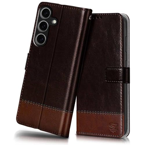 Image of FLIPPED Vegan Leather Flip Case Back Cover for Samsung Galaxy S25 5G (Flexible, Shock Proof | Hand Stitched Leather Finish | Card Pockets Wallet & Stand | Coffee with Brown)