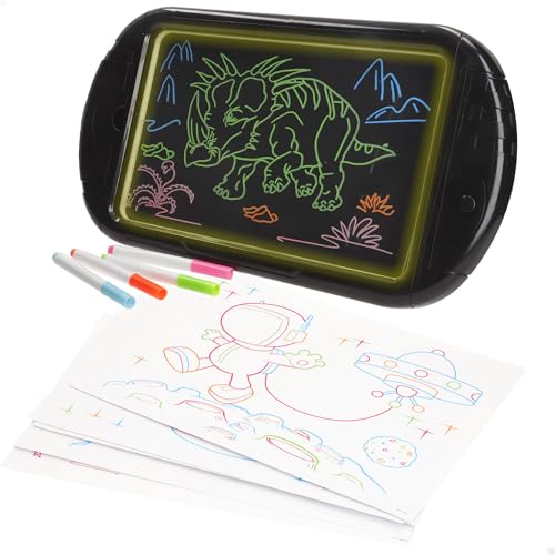 ColorBaby Good Idea! Tablet neón para Dibujar, 4 Rotuladores, 6 Plantillas para Calcar, Trapo Borrador, Pizarra mágica, Pizarras Infantiles, Juguetes educativos, Juguete niño +3 años (39430)