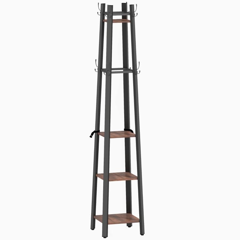 VSOGA Perchero de pie con 4 niveles, 8 ganchos, 4 estantes, estilo industrial, metal, madera aglomerada, color marrón