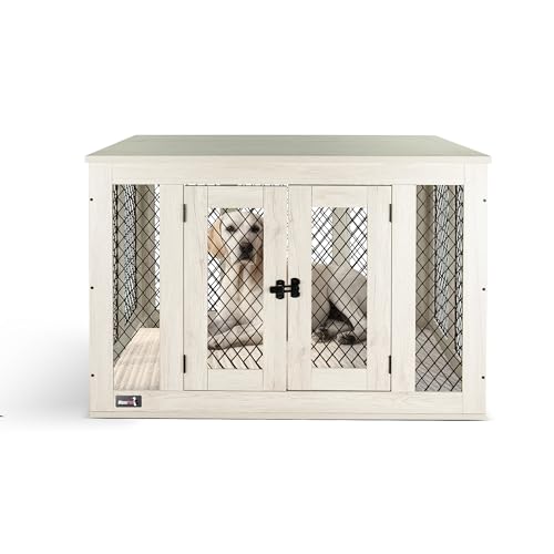 MaxxPet Caja Para Perros de Madera, Caja Para Perros Para el Hogar, Casa Para Perros de Interior, Con 2 Puertas, Casa Para Perros Para Salón, 94x60x72cm, Gris