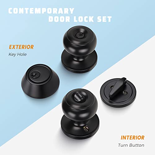 KNOBWELL 3 Pack Keyed Alike Entry Door Knobs and Single Cylinder Deadbolt Lock Combo Set Security for Exterior and Front Door, Keyed Entry Door Locksets with Deadbolt, Matte Black Finish - Image 2