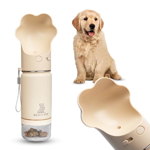 Dog Portable Water Bottle Stainless Steel 10 oz with Food Container - Pet Water Bottle - Cream Portable Dog Water Dispenser with Bowl and Container
