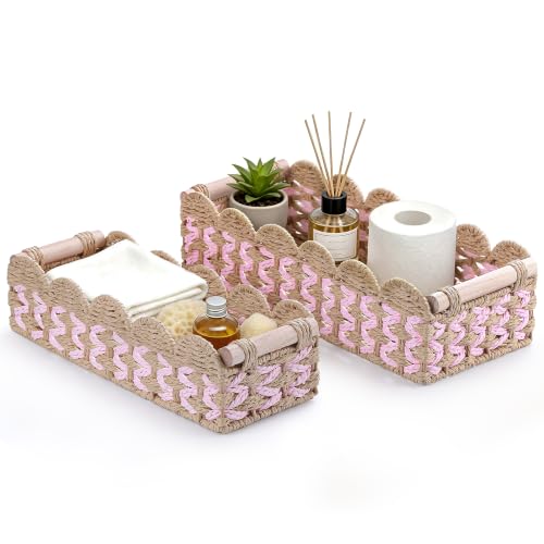 Handwoven Rattan Storage Basket Set - 2-Pack with Wooden Handles and Pink Stripes, Decorative Woven Baskets for Nursery, Shelf & Entryway, Natural Home Organizer, 14”x6.3”x4” & 11.8”x4.3”x3.5”