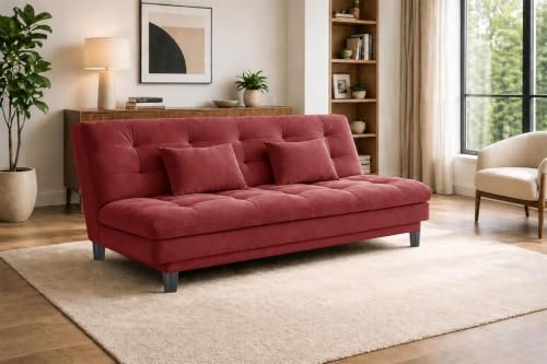 Image of 3 Seater Velvet Sofa Cum Bed, Tufted Convertible Sleeper Couch, Space-Saving Design Comfortable Cushioned Seating - Red Color