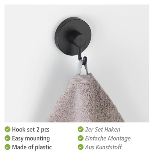 WENKO Vacuum-Loc® Haken Schwarz, 2er Set Handtuchhalter, Haken für Handtücher und Accessoires, Befestigen ohne bohren mit Vakuum, Kunststoff schwarz lackiert, Loft-Style, je 6 x 6,7 x 5 cm