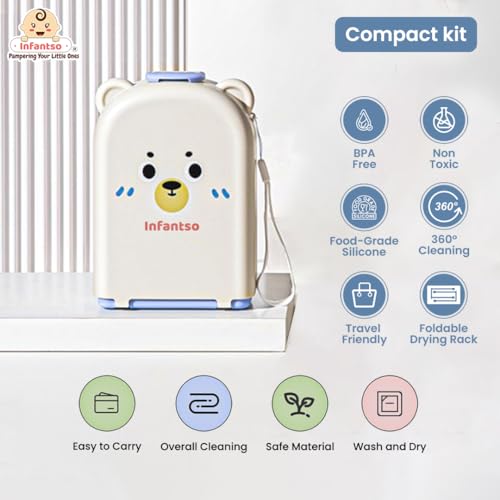 Image of Infantso Foam-O (10-in-1) Baby Bottle Cleaning Brush Set - Feeding Bottle Cleaner Kit for Newborn Essentials with Pacifier Brush, Straw Brush, Drying Rack & Soap Dispenser | BPA-Free Silicone Bristles