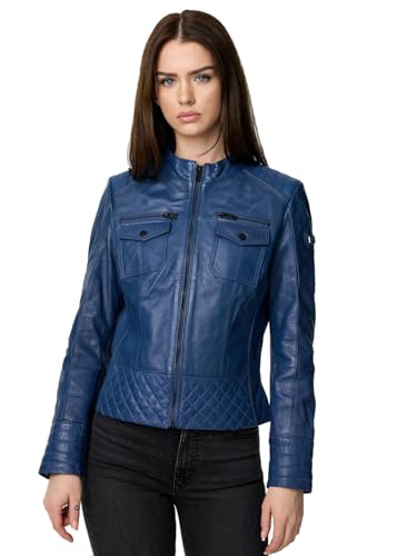 Tazzio Veste en cuir pour femme, veste en cuir véritable style motard F524, bleu marine, M