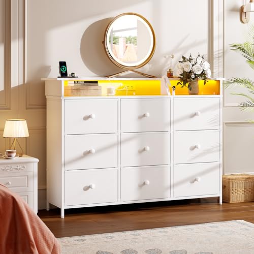 Nicehill Dresser for Bedroom with 9 Drawer,White Dresser with LED Light,TV Stand for Bedroom with Charging Station,Fabric Drawer for Hallway,Closet (White)