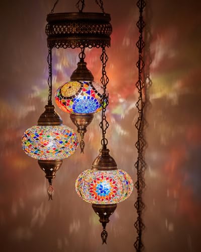 DEMMEX Plug-in Turkish Hanging Lamp Handmade Moroccan Mosaic Chandelier Pendant Light Fixture with 15-ft Cord & Chain Decorative Ceiling Lamp for Living Room Bedroom 3 Large 7 Globes 3.5 ft.